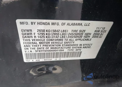 2019 Honda Pilot Elite z USA, uszkodzony, nr VIN 5FNYF6H00KB041094
